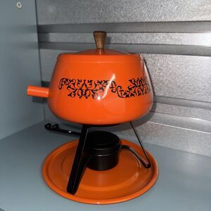 Vintage 1970s Orange Fondue Set with Black Stand & Wood Handle MCM